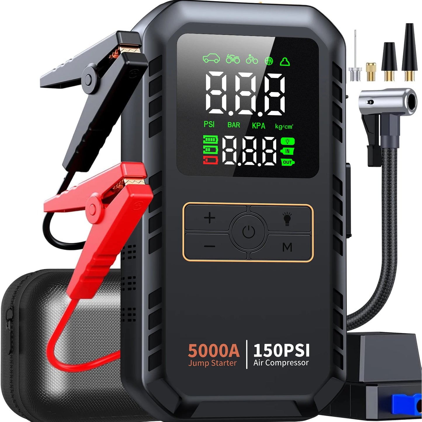 4-IN-1 Car Jump Starter with Air Compressor 5000A Auto Battery Booster,150PSI Air Pump Portable Tire Inflator.