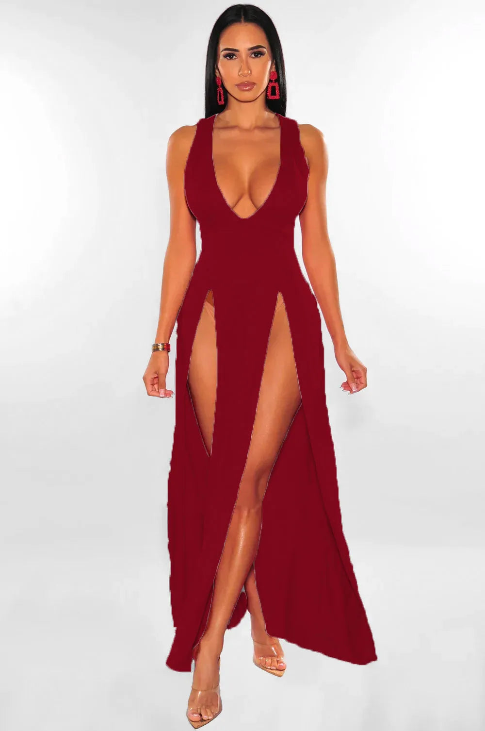Summer New Women Sexy High Split Dresses, Sleeveless Deep V-Neck High Slit Long Party Bodycon Red Dresses.