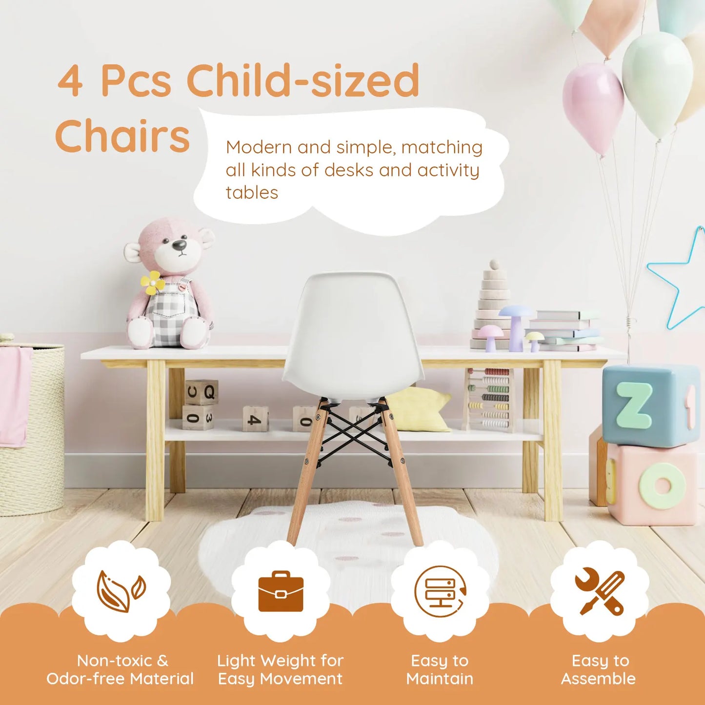 4 PCS Kids Chair Set Mid-Century Modern Style Dining Chairs w/ Wood Legs.