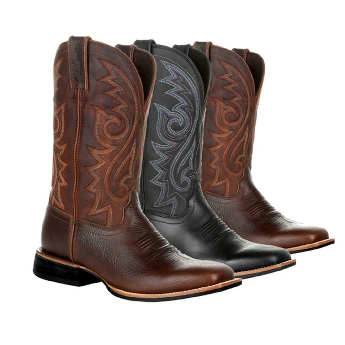 Cowboy Boots Men High Quality Embroidered Mid Calf Leather Boots.
