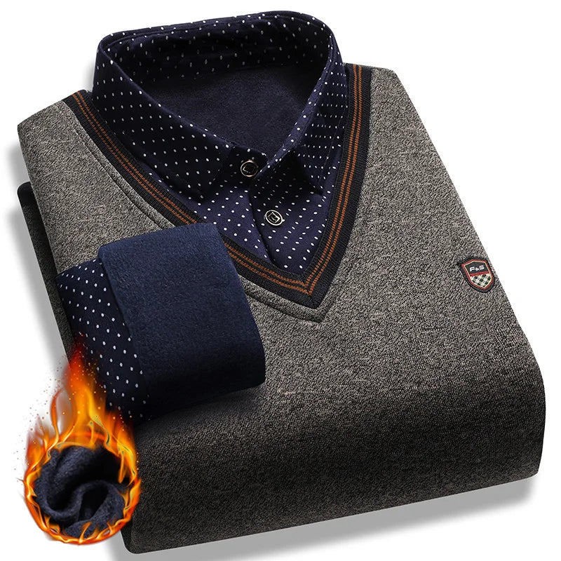 Men Fleece Lining Sweater Autumn Winter Pullover, Polo Shirt Collar Fake Two Piece Casual Knitwear.
