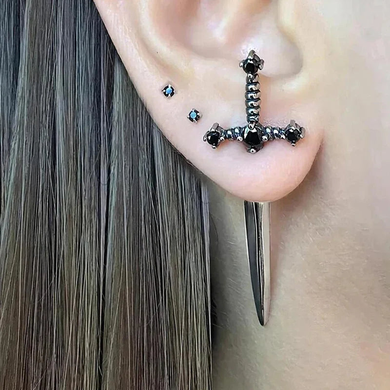 Hip Hop Cross Sword Stud Earrings For Women, Classic black Crystal Stone Silver Ox Gold.