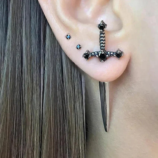 Hip Hop Cross Sword Stud Earrings For Women, Classic black Crystal Stone Silver Ox Gold.
