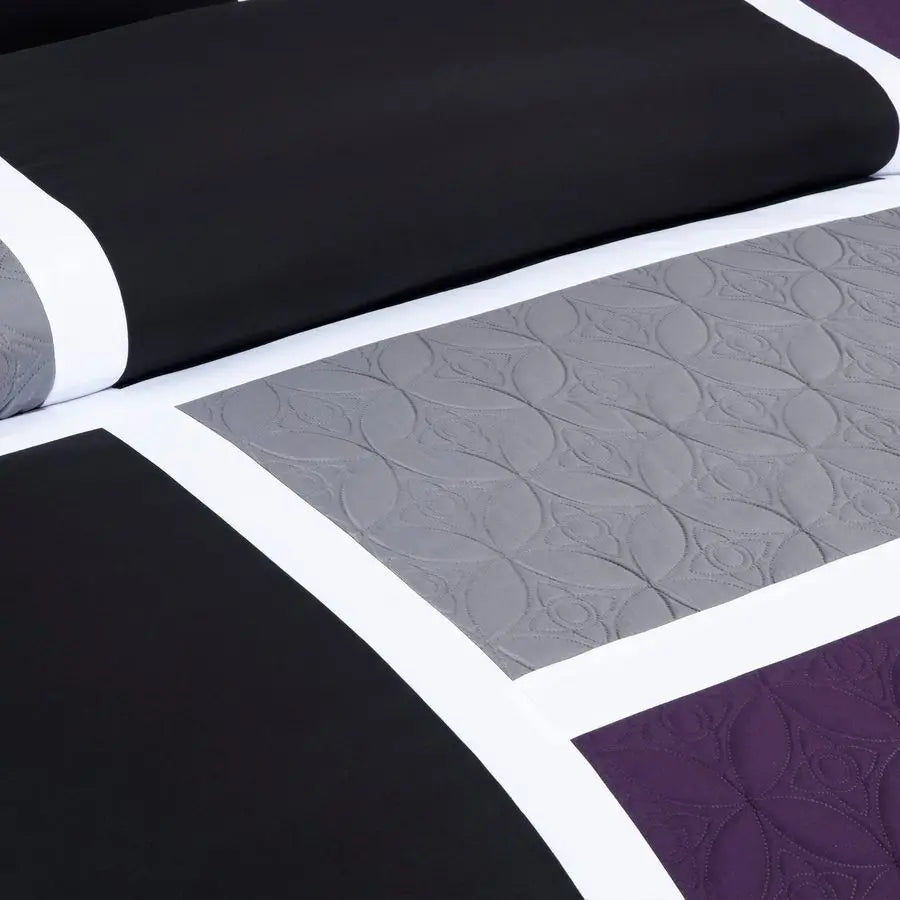 Upland 7Piece Quilted Patchwork Comforter Set, Purple Black Gray, Queen.