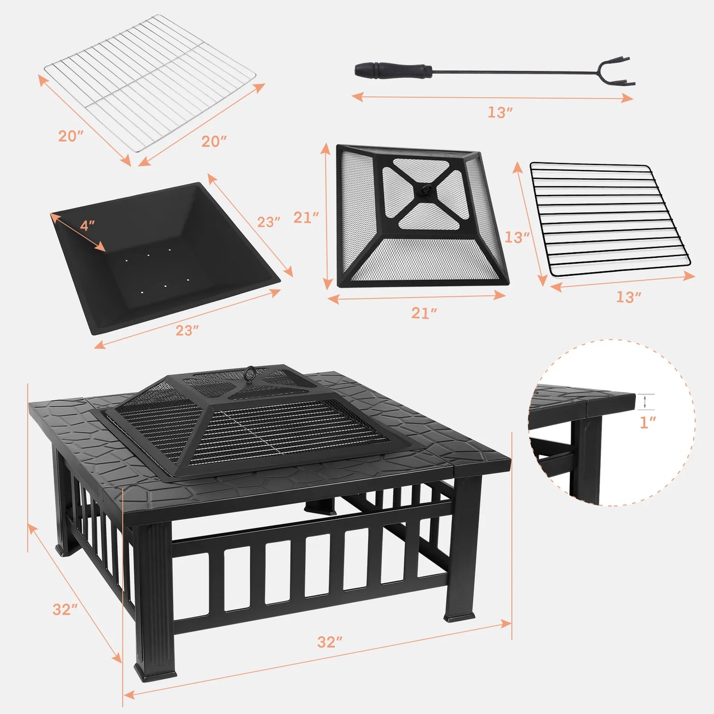 Steel Fire Pits for Outside, 32'' Square Wood Burning Fire Pit Table.