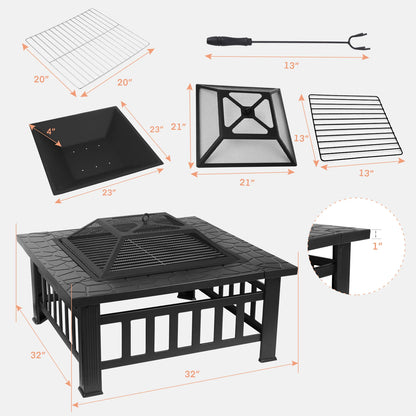 Steel Fire Pits for Outside, 32'' Square Wood Burning Fire Pit Table.