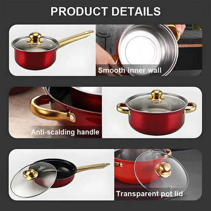 Red Cookware Set, 12-Piece ,Stainless Steel, Non-Stick.