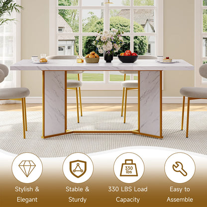 71 Inch Rectangular Dining Table for 6 to 8 People,  Marble  Kitchen Table Gold.