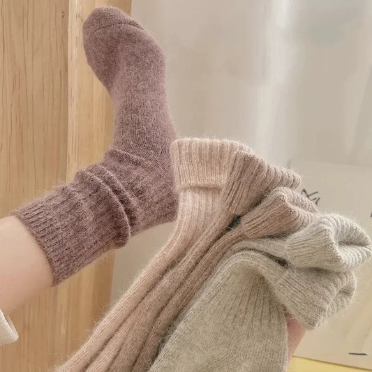 Thick Warm Women's Cashmere Wool Socks Solid Color Long Sox for Ladies