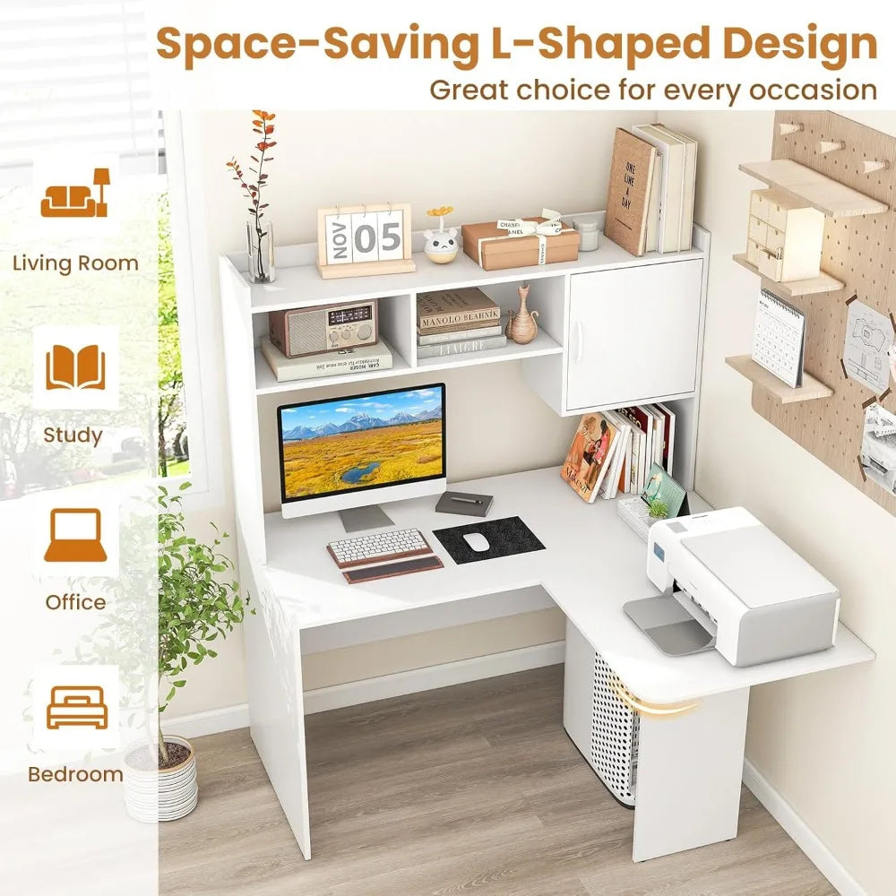 L Shaped Desk with Hutch, White Corner Desk with Storage Shelf & Cabinet, Laptop PC Table.