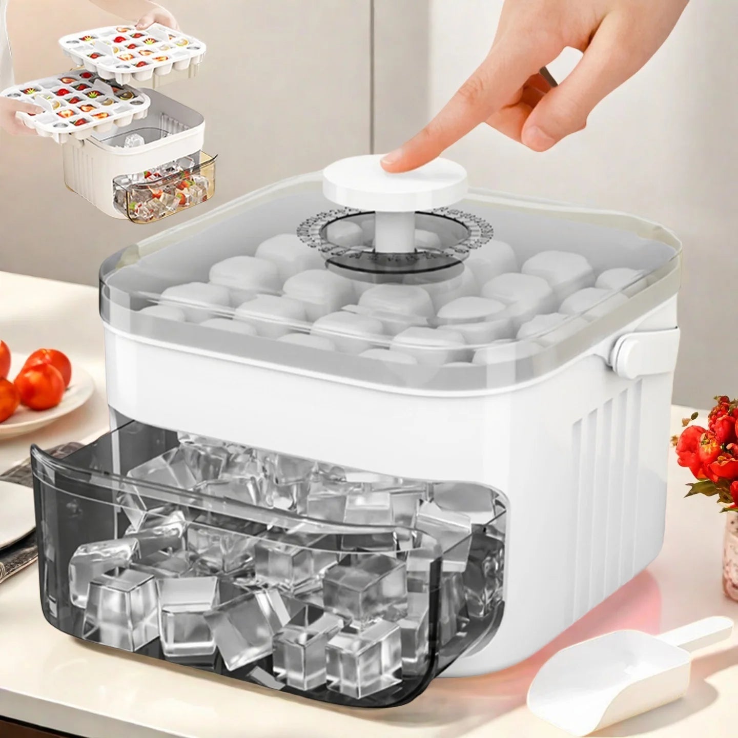 Compact Double Layer Ice Cube Tray with Lid and Bin, Pull-Out Ice Drawer with Portable Handle.
