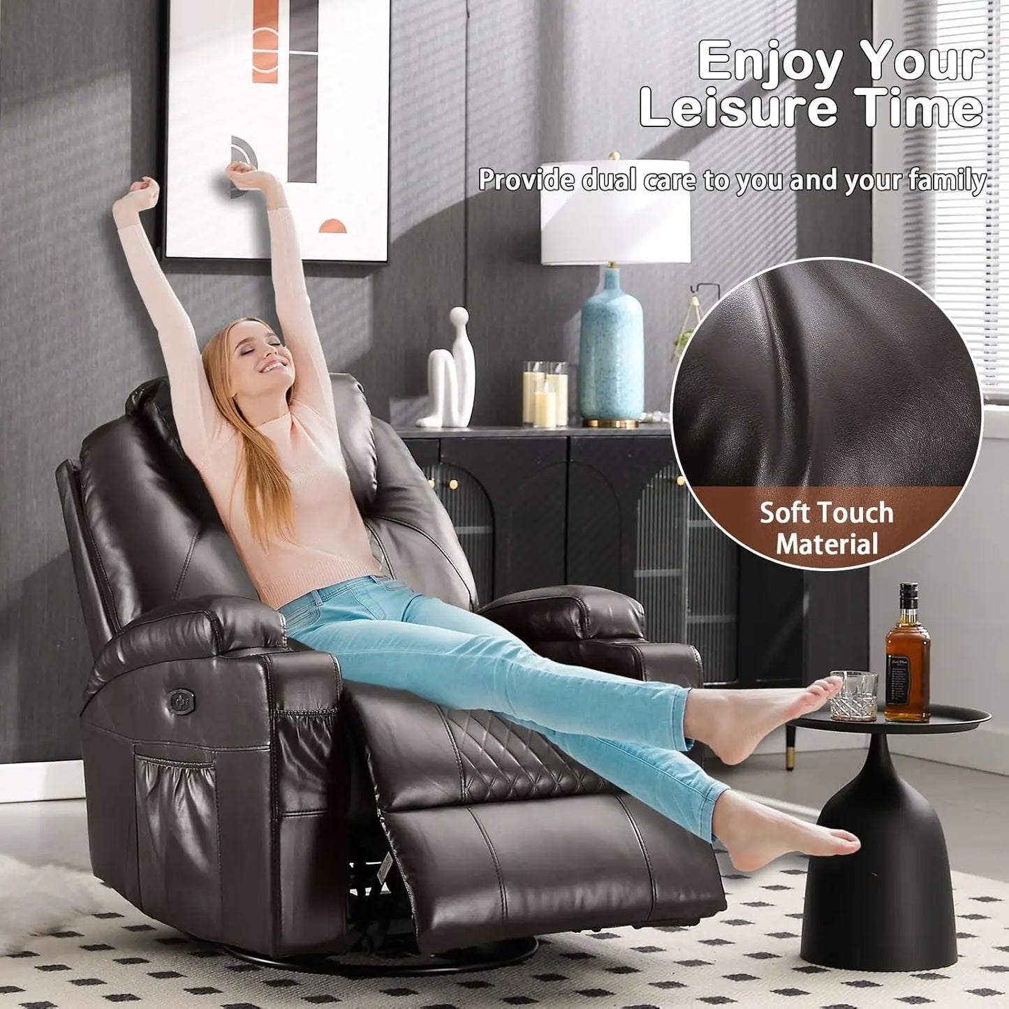 Power Swivel Rocker Recliner ,Heat Massage Cup Holder LED Lights USB , Comfortable Rocking Chair