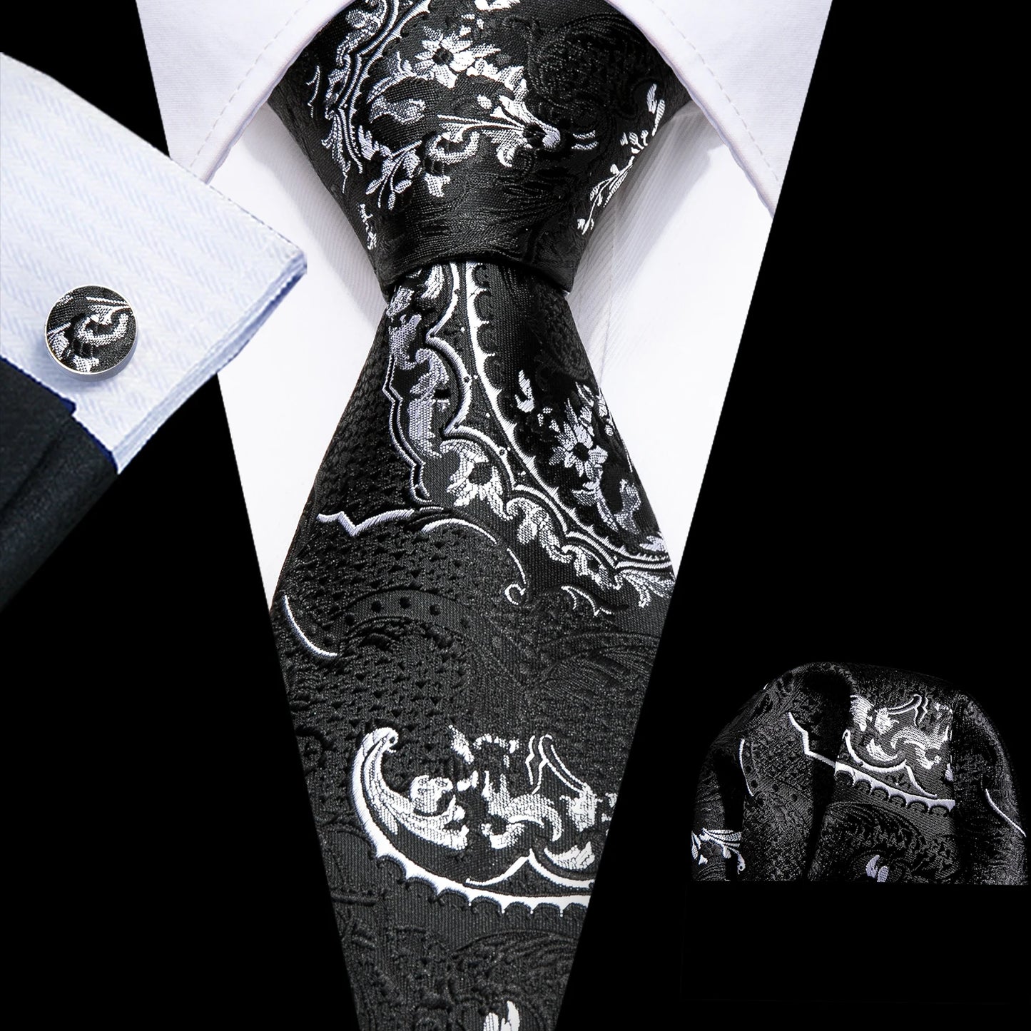 Black White Gray Silver Men Tie Handkerchief Cufflinks Set.