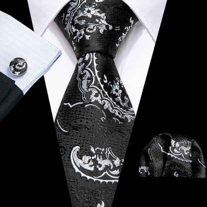 Black White Gray Silver Men Tie Handkerchief Cufflinks Set.