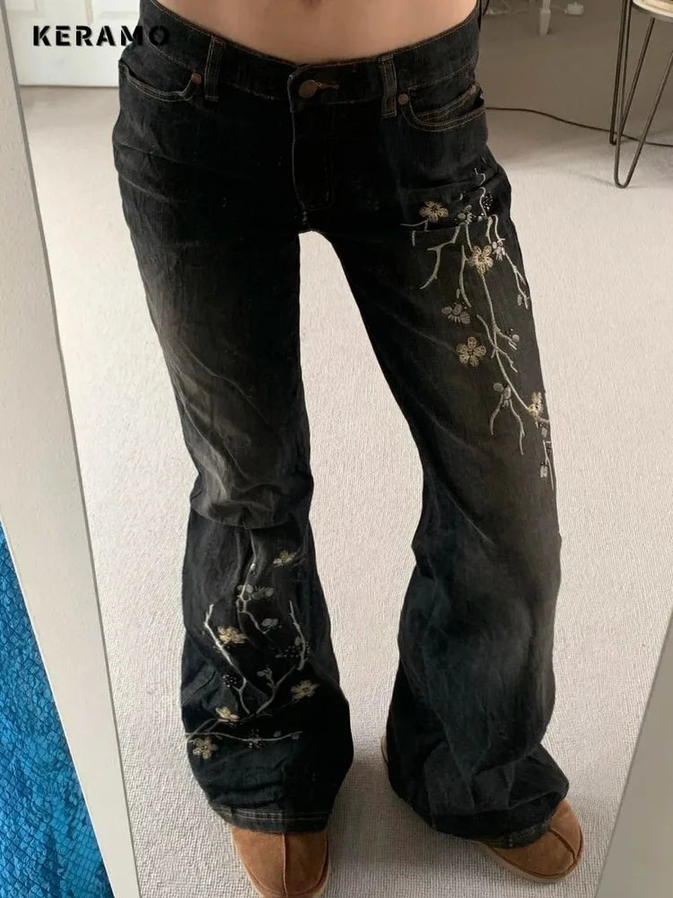 Wee keep Floral Embroidery Jeans Vintage 2000s Low Rise Women Retro y2k Baggy Denim Pants.