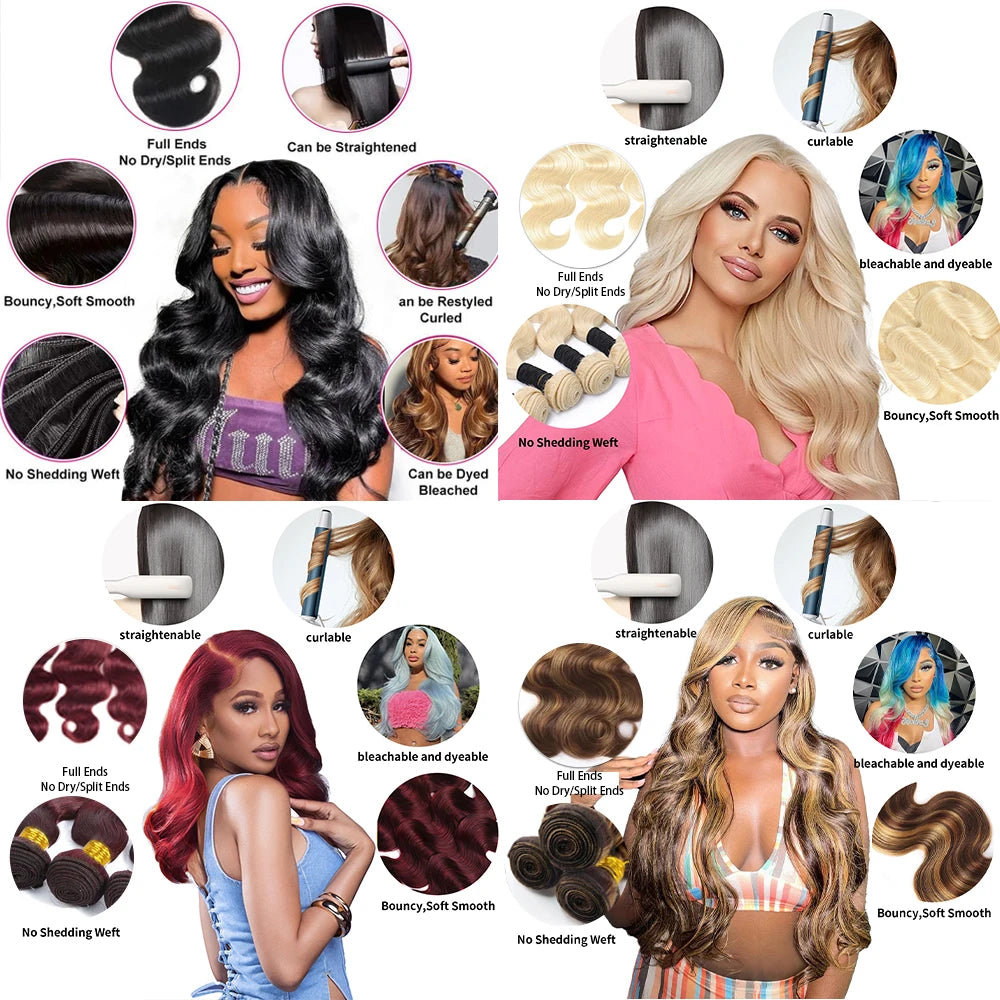 16A Colored 613 Human Hair Bundles, 100% Burgundy Raw Hair Weave Extensions Highlight, Body Wave Bundles Human Hair With Closure.