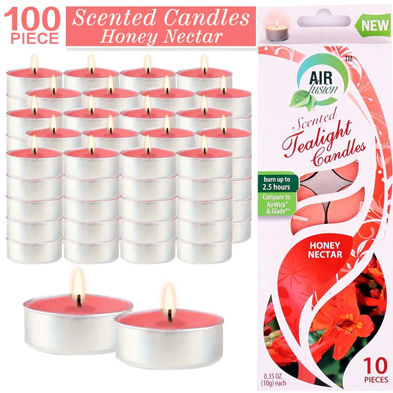 Air Fusion 100 Count Tea Lights Candles Tangerine, Honey Nectar, Scented Smoke-free Drip-free.