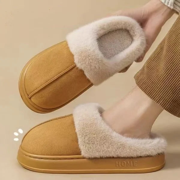 Fashionable women's plush slippers winter indoor, thick sole non-slip warm house shoes for home bedroom living room.