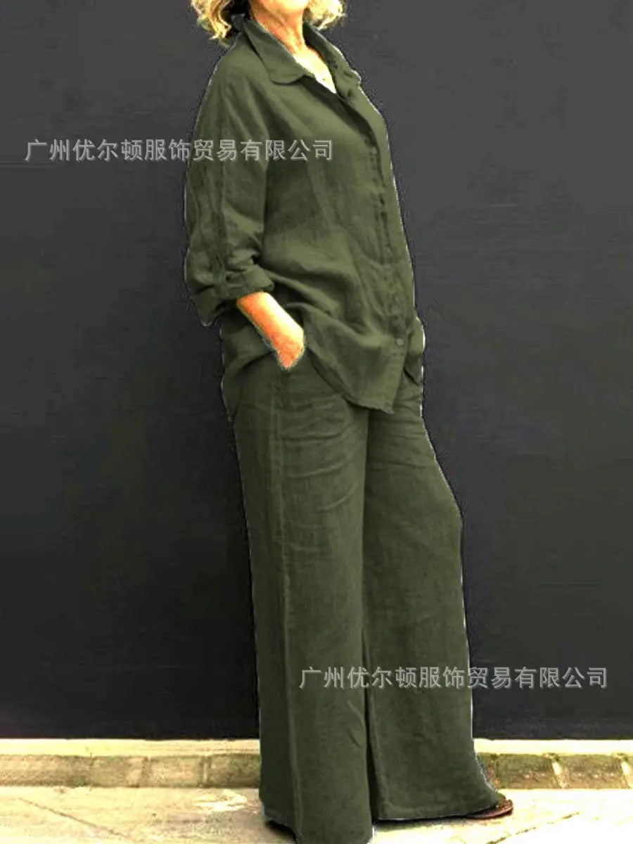 Two Piece Sets Women Outfits,  Fall Simple Long Sleeve Shirt Loose Trousers Set Office Casual.