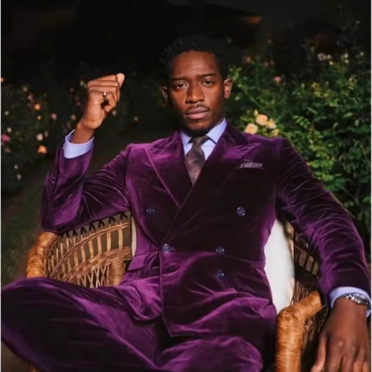 Classic Velvet Double Breasted Men Suits, Elegant Solid Color 2 PCS Jacket Pants Slim Fit Outfits.