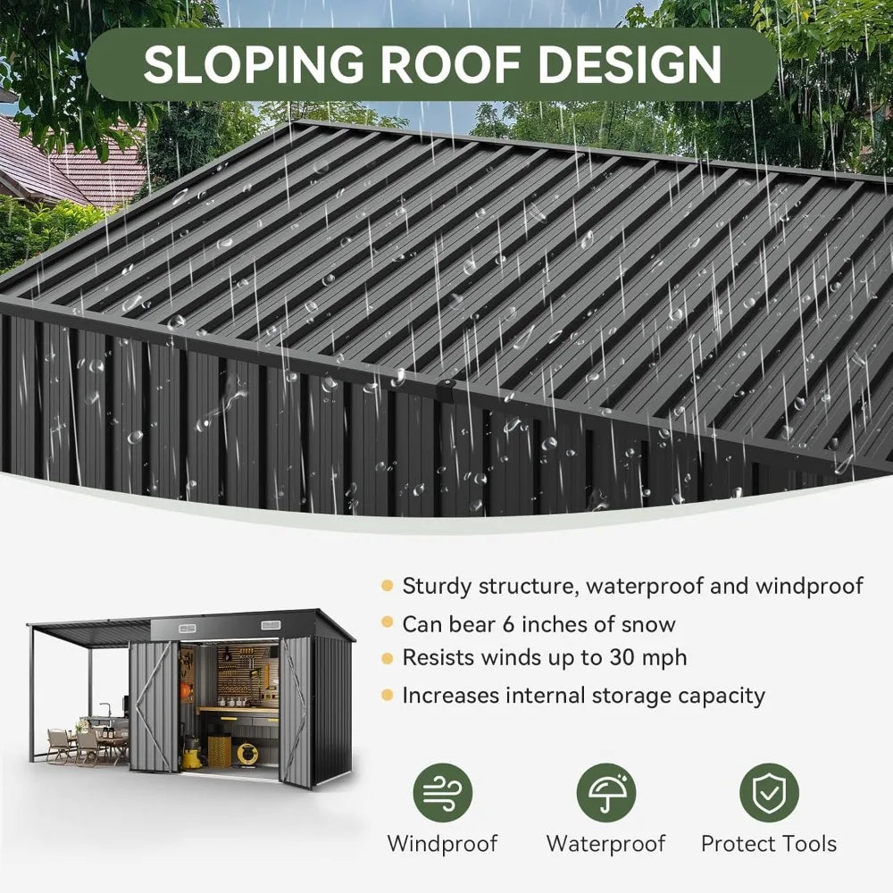 6x4FT Outdoor Metal Shed and Hardtop Gazebo Combo 12x4FT Lean to with Pergola Black.