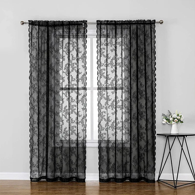 Black floral lace curtains with retro style for living rooms, bedrooms, and party decorations.