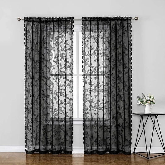 Black floral lace curtains with retro style for living rooms, bedrooms, and party decorations.