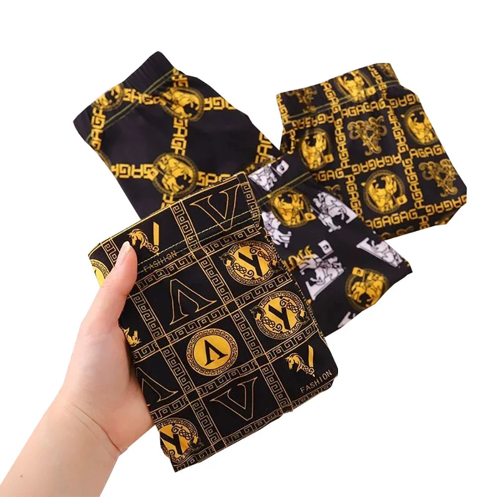 4pcs Luxury Men's Boxer, Golden Greek Letter Print, High Stretch Fabric Waistband.