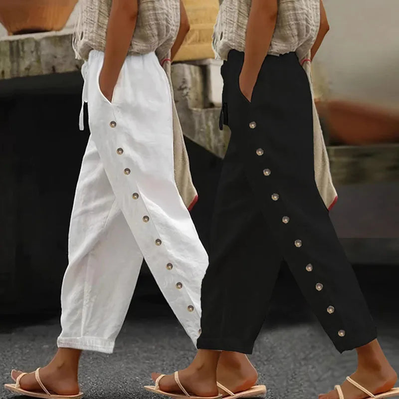 Women's Elastic Waist Pants - Relaxed Fit Casual Trousers, Versatile 3/4 Length Lounge Pants.