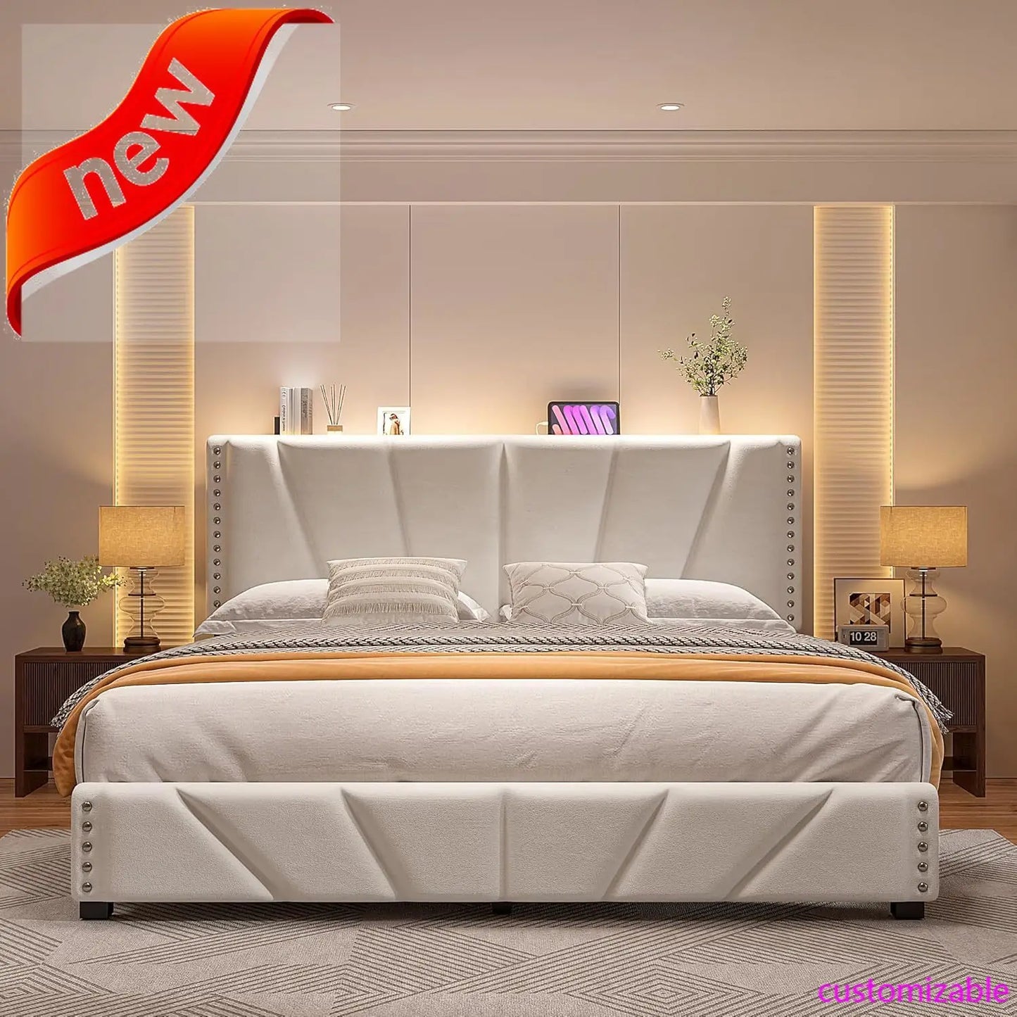 Velvet Headboard and LED Lights  Platform Bed with Charging Station King Size Bed Frame