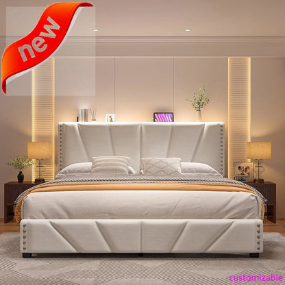 Velvet Headboard and LED Lights  Platform Bed with Charging Station King Size Bed Frame