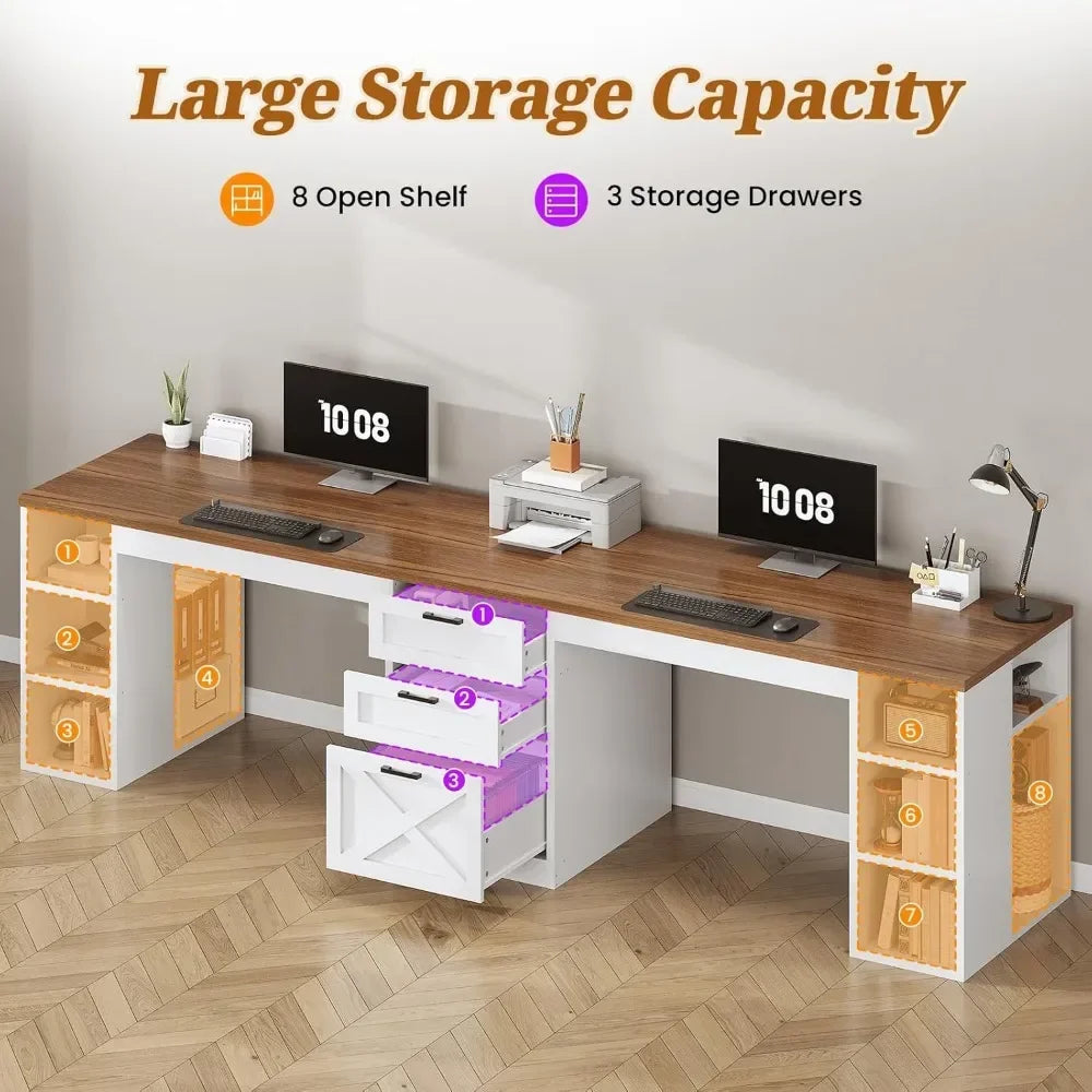 Farmhouse 96.5 Computer Desk with Drawers, 2 Person Home Office Desk.