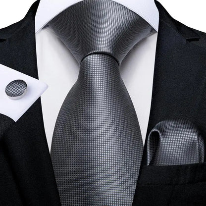 Black White Gray Silver Men Tie Handkerchief Cufflinks Set.