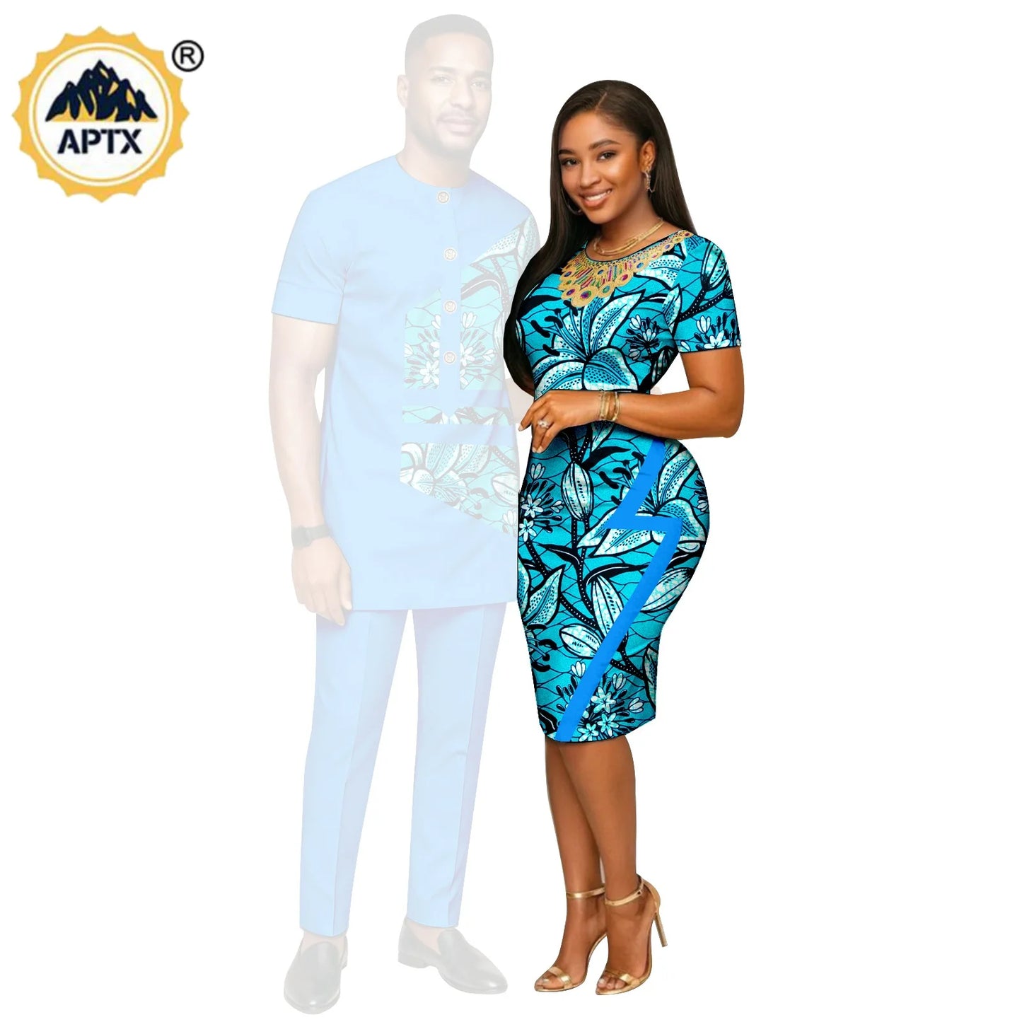 African Print Slim Hip Knee-length Dresses for Women, Matching Couple Outfits Dashiki Men Patchwork Top and Pant Sets 26C019.