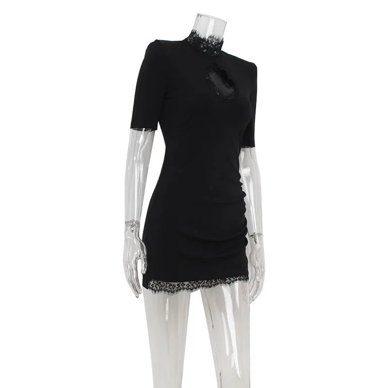Lace Patchwork Hollow Out Bodycon Sheath High Collar Women Dresses Half Sleeves Outfits.