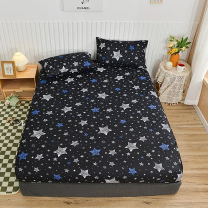 Twin Fitted Bed Sheet with Elastic Blue Flower Printed Bed Cover Single/Queen/King.