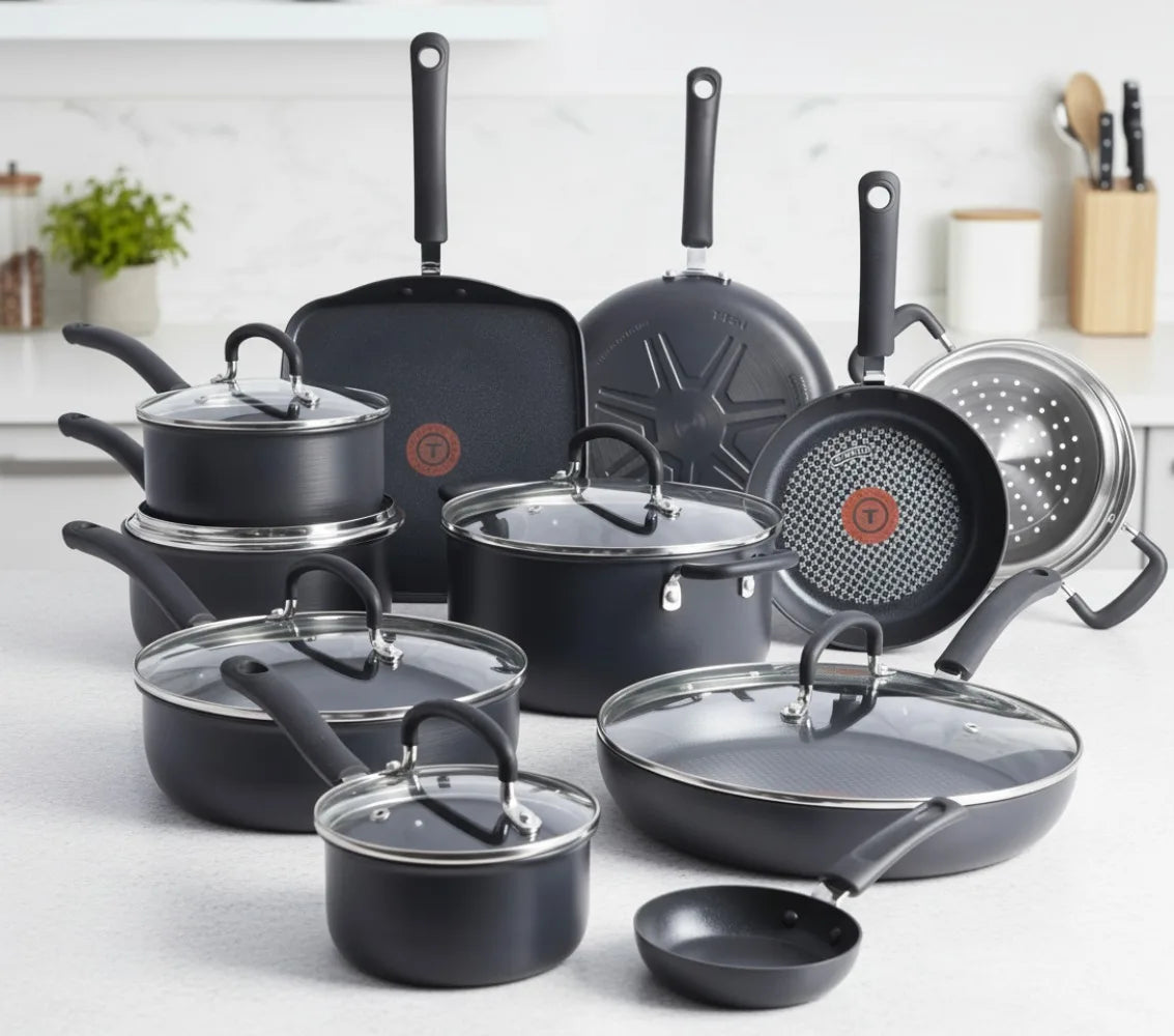 17-Piece Nonstick Cookware Set, Hard Anodized Pots and Pans with Thermo-Spot, Dishwasher Safe, Oven Safe Up to 400°F.