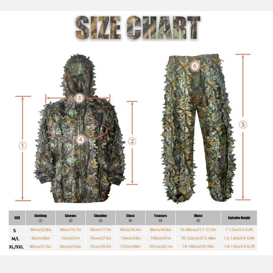 Breathable Camouflage Hunting Suit for Men Woman Hooded  Leafy Design