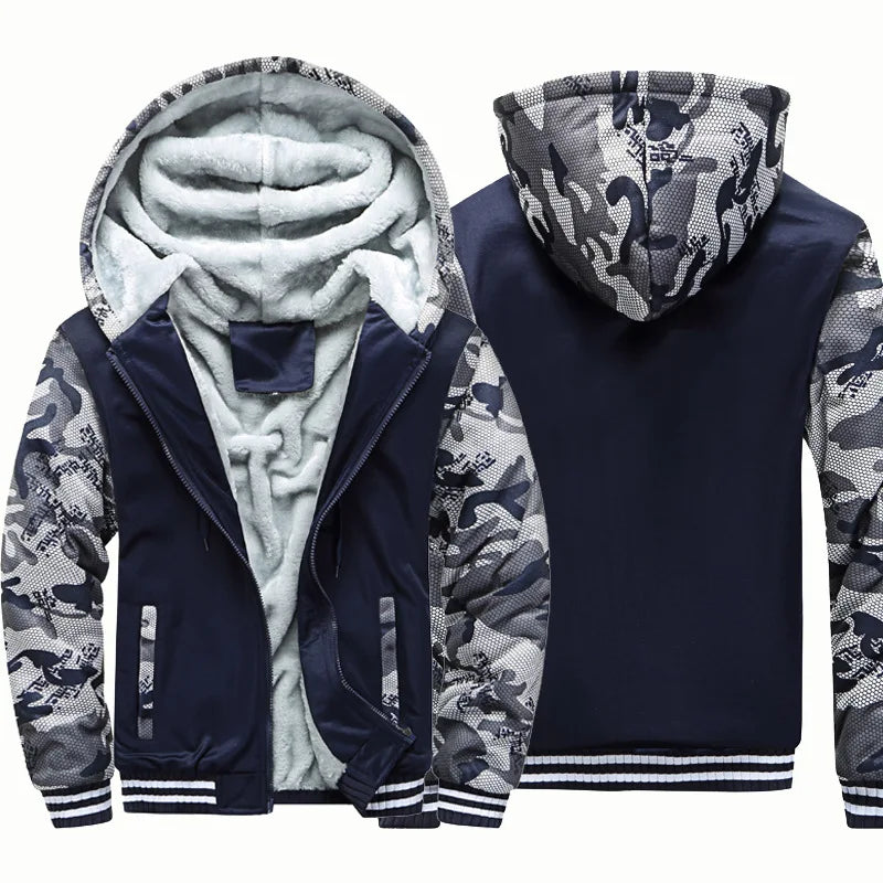 Men's Jacket Winter Camouflage Fleece Thicken Hooded Jackets, Casual Zip Up Hoodies Streetwear Coats.
