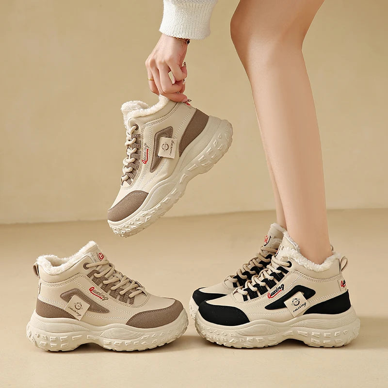 Winter high-top cotton shoes with fleece for women, outdoor casual sports, slip-resistant and durable.