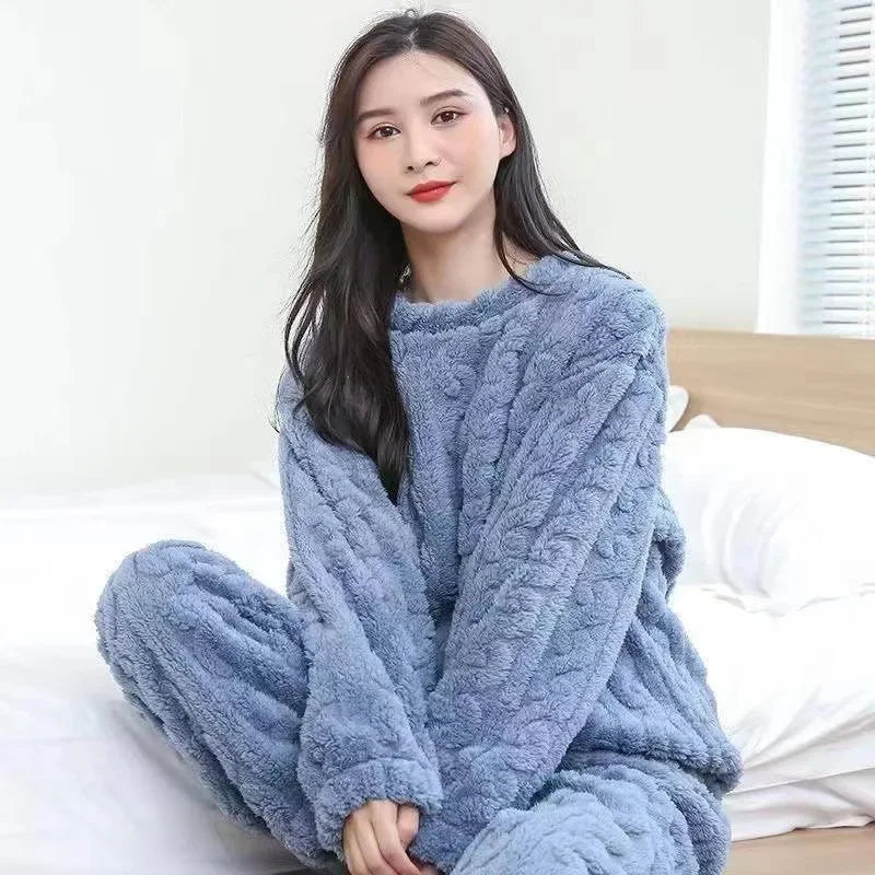 Thickened Warm Autumn and Winter Flannel Pajamas Women Long-Sleeved Loungewear