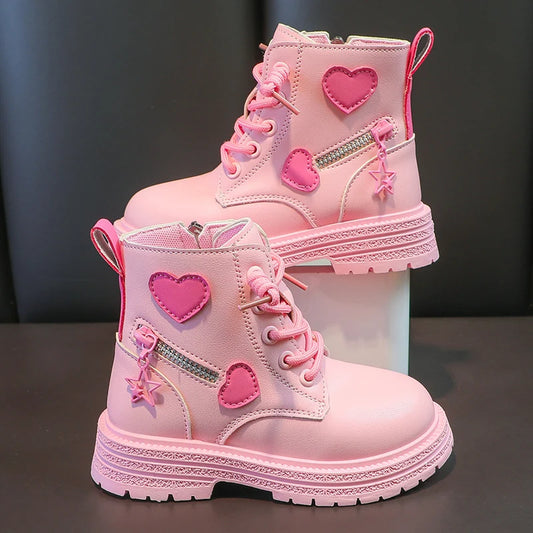 Girls Boots Kids Fashion Rubber Autumn and Winter, Cotton Soft Sole Pink with Love, Side Zip Princess Round-toe.