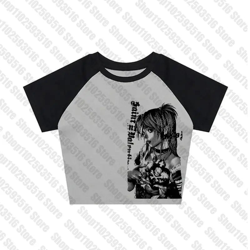 Y2k anime Streetwear O-neck 90s Text Printing , Simple Vintage Crop Aesthetic T-shirt.