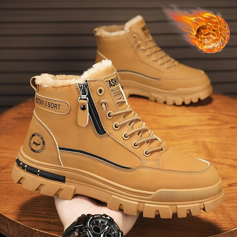 New winter plush thick warm men cotton shoes, trendy outdoor high top male boots.