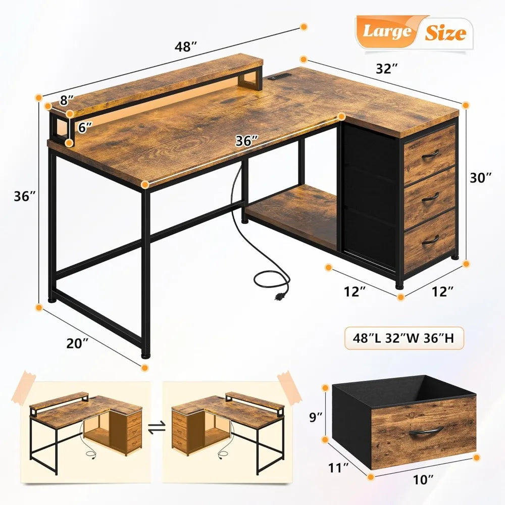 L Shaped Gaming Desk with LED Lights & Power Outlet 48Inch