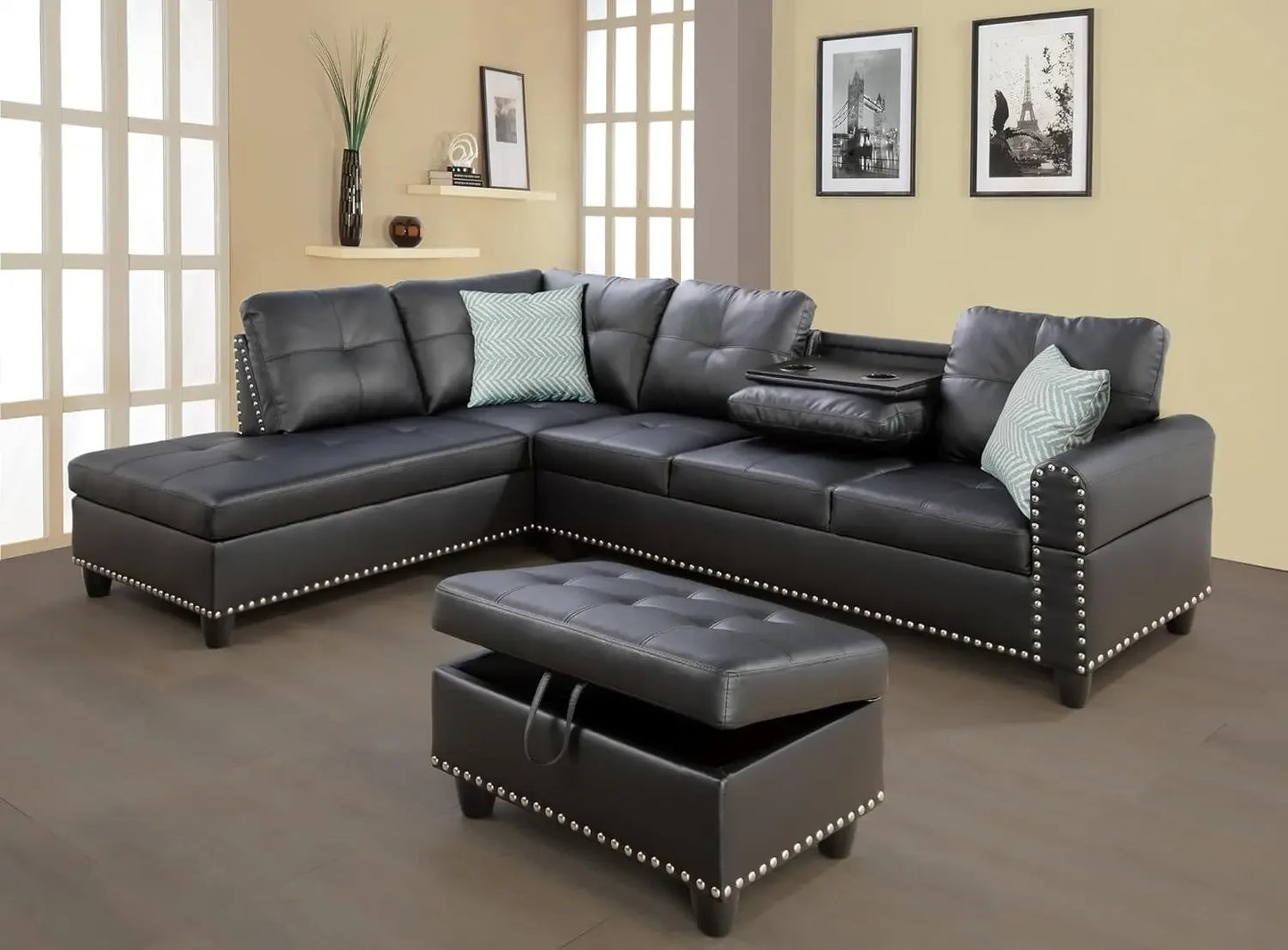 Sectional Sofa Couch, Modern 4-Seaters Living Room Furniture Sets, with Chaise Lounge, Ottoman & 2 Pillows | L Shape Couch.