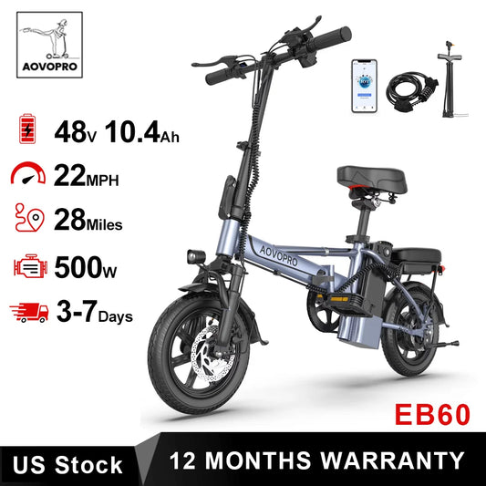 AOVOPRO 14'' EB60 Foldable Electric Bike, 500W 48V 10.4AH Battery, 22MPH Max Speed 28Miles Long Range, with Two Seats for Adult.