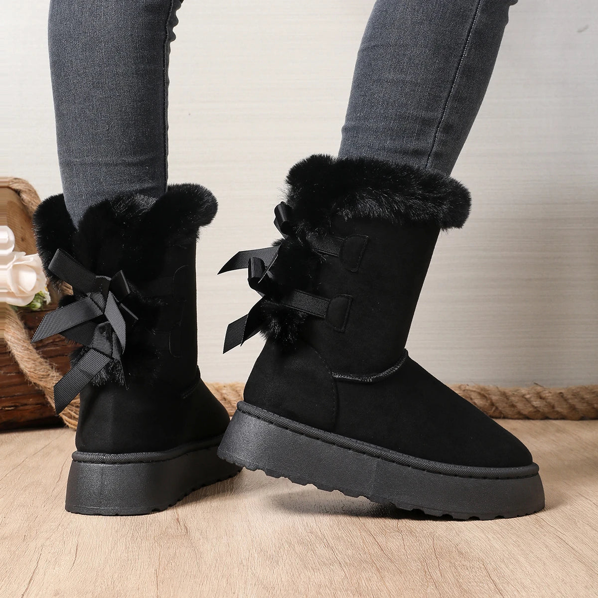 Bow Round Toe Elegant  Flat Wear-resistant Warm Women's Shoes