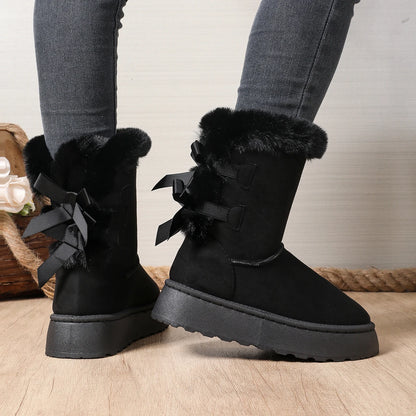 Bow Round Toe Elegant  Flat Wear-resistant Warm Women's Shoes