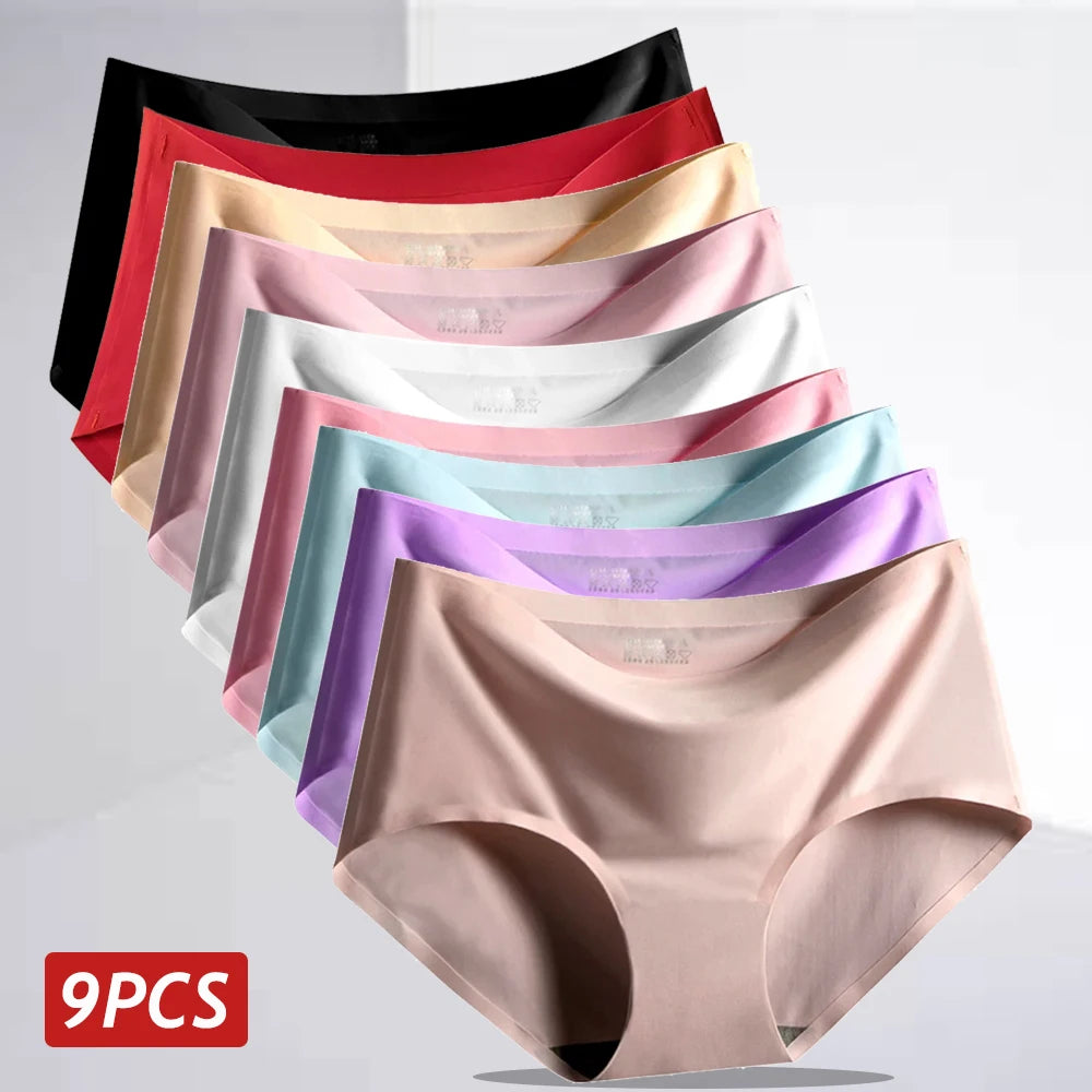 9PCS Ice Silk Seamless Panties For Women, Mid Rise Intimate Breathable Large Size Lingerie.